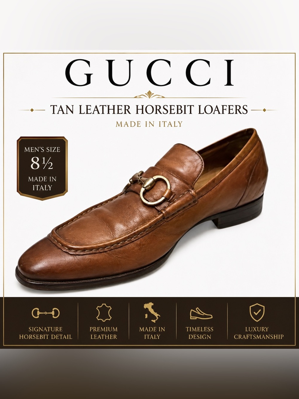 GUCCI Tan Leather Horsebit Loafers Men’s Size IT 8.5 / EU 42.5 / US 8.5